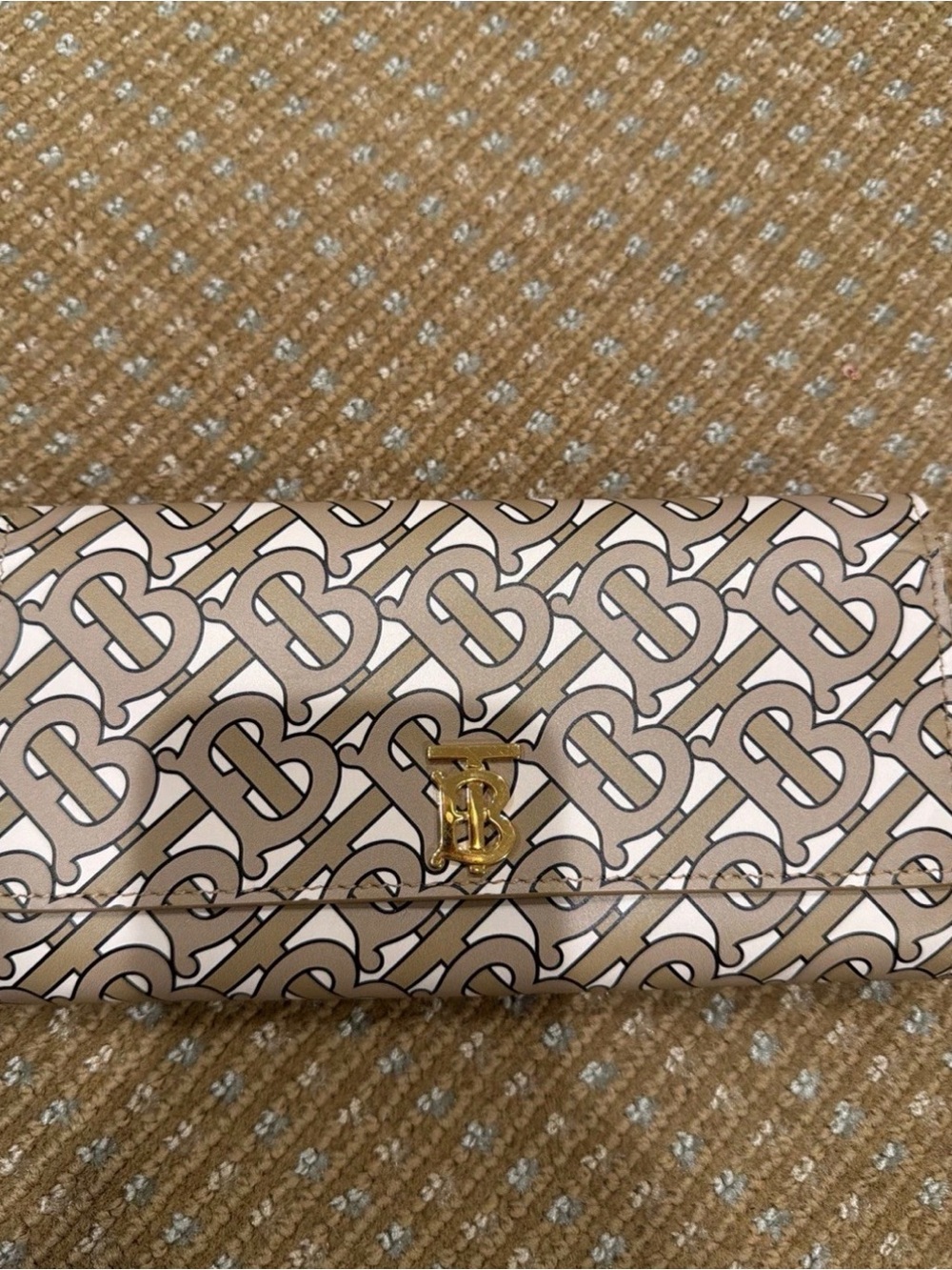 Burberry Beige and White TB Monogram Foldover Wallet